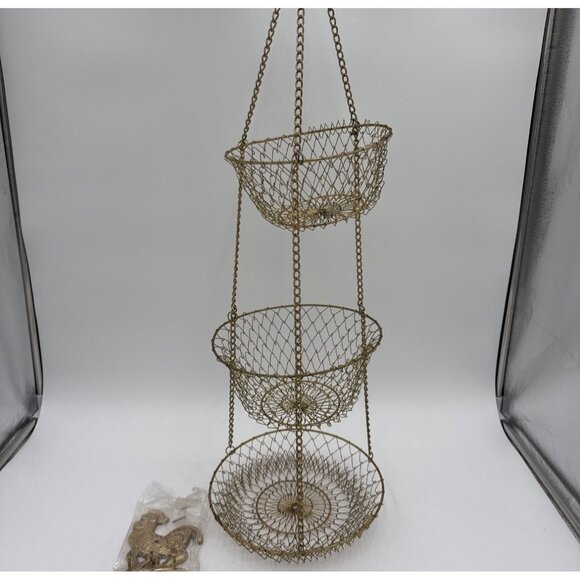 Vtg Gold-Tone Wire 3-Tier Hanging Fruit Basket Organizer With Rooster Wall Hook - Picture 1 of 6